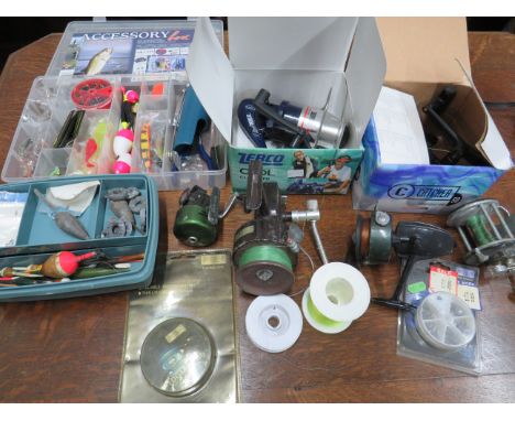 Good Selection of Fishing reels, two are boxed, plus other fishing tackle in boxes, see photos.