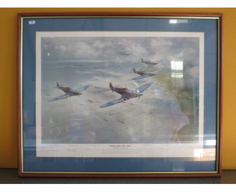 Framed Limted Edition print Frank Wootton "D-Day June 6th 1944" A triumph of air power, No 799/850 signed by five RAF Pilots/