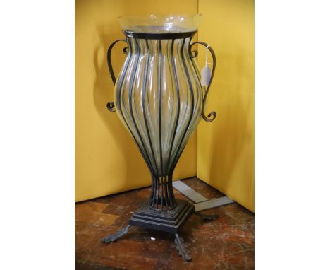 Large Glass Stick stand vase supported by metal stand in excellent condtion. H:26 inches tall. See photos.