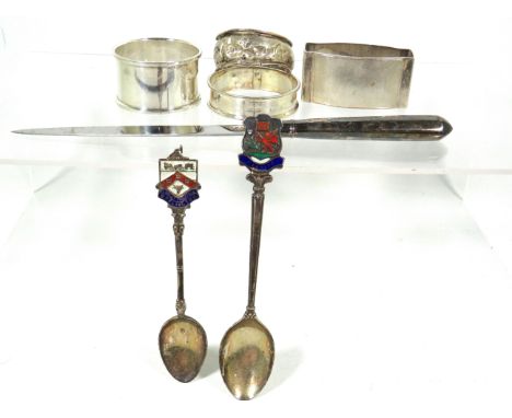 Selection of Silver Items to include silver and enamel spoons, Napkin rings etc. Total weight 124.7g.  See photos for details