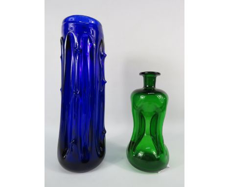 Large Murano Azure blue art glass vase and a Holmegaard squashed green bottle, the tallest measures 11.5".