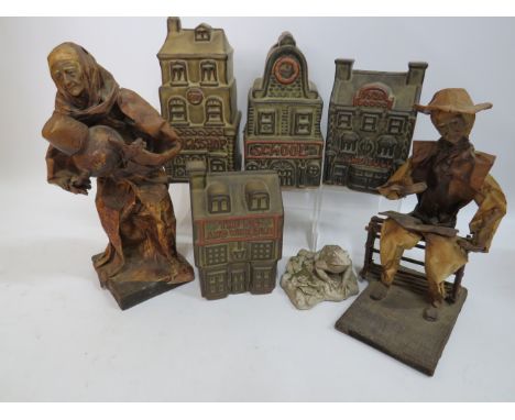 Four ceramic Shelf Money boxes, leather folk art figures etc. see photos.
