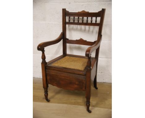 Antique Oak Commode Chair with Bergere seat. Original ceramic lidded pot to seat. Make great indoor planter! See photos