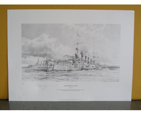 Unframed limited edition print by Robert Taylor " Scharnhorst At Anchor" No 33/500 signed by the artist. 23.5" by 17"