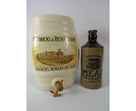 Warwick and Richardson large ceramic ceg (12" tall) plus a Merrydown stoneware mead bottle.