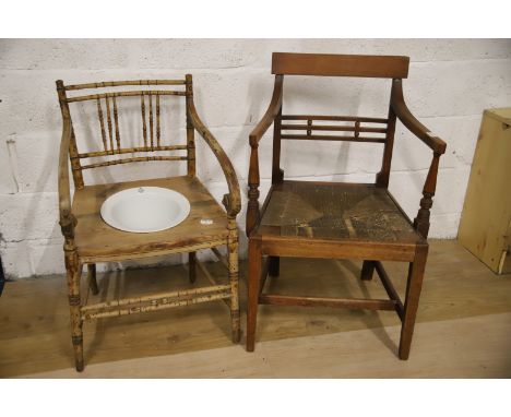 Pair of chairs, one faux bamboo commode chair plus one other. See photos.