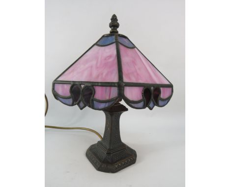 Small Art Nouveau Tiffany style lamp with pink and purple shade, 12" tall.