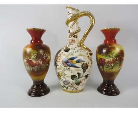 Franz Mehlem Royal Bonn vase with dragon handle plus two continental transfer print vases. The tallest measures 12.5".