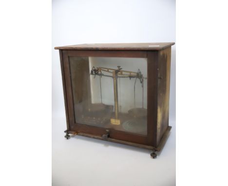 Set of Antique Scientific/chemists Scales in wood framed glass box by Baird &amp; Tatlock which measures H:18 x W:19 x D:10 i