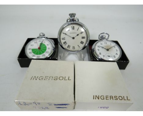 Two Ingersoll Pocket watches and one Ingersoll Stopwatch.. One pocket watch is a non runner for spares or repairs. See photos