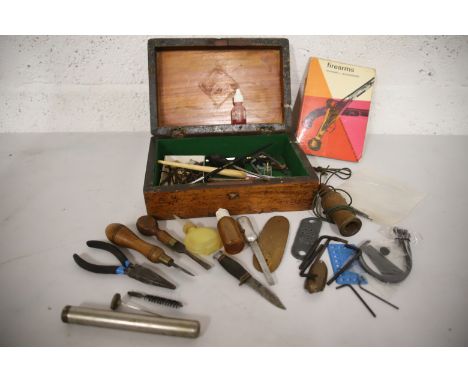 Vintage Wooden Box full of various hand tools to include shotgun tools, Firearms use etc. see photos.