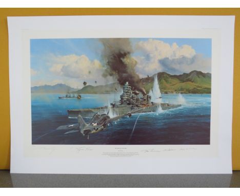 Unframed limited edition print by Robert Taylor "Attack On The Hiei" No 424/ 450 signed by the artist and Marine Corps Medal 