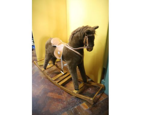 Vintage Mamas &amp; Papas Rocking horse on wood frame with leather tack.39 inches tall.   See photos. 