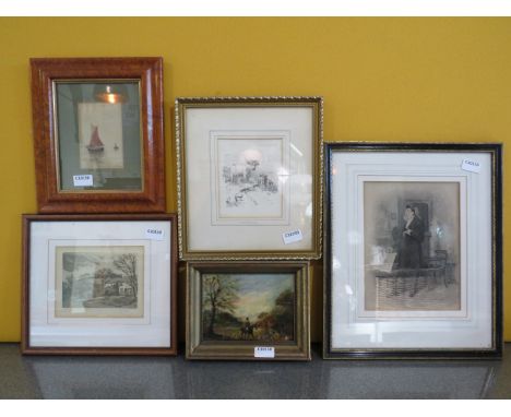 Selection of various framed paintings, etchings etc including a small antqiue oil on board hunting scene.