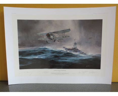 Unframed limited edition print by Robert Taylor "Launch against the Bismarck" 436/500 signed by the artist and Fleet air arm 