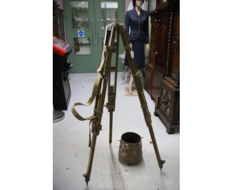 Vintage Surveyors Theodolite Tripod stand along with a copper and brass stick bucket. See photos. 