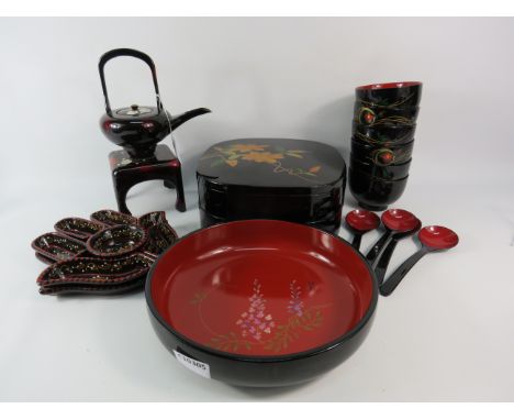 Selection of Japanese Laqured items including teapot, rice bowls, spoons etc and a ceramic mezze dish.