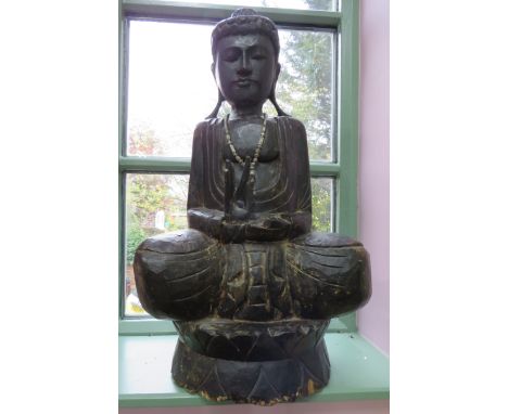 Large vintage carved wooden buddha statue, 34" tall.