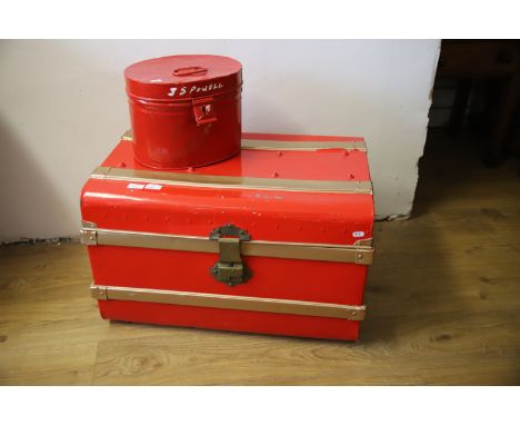 Painted metal Trunk plus metal hat box.  Trunk measures H:17 x W:27 x D:18 inches. See photos. 