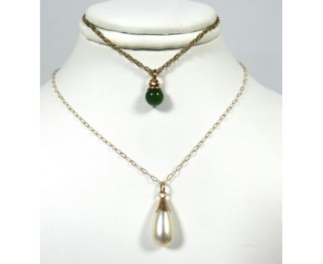 9ct Yellow Gold Pearl set pendant hung upon a 16 inch 9ct Yellow Gold Chain plus a Jade set 9ct Yellow Gold Pendant.  Total W