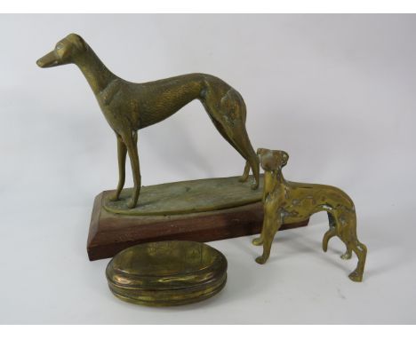 Large brass greyhound on a wooden base (8.5" tall, 10" long)plus one smaller and a Dutch brass snuff box.