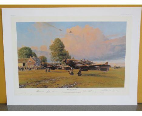Unframed limited edition print by Robert Taylor " Front line Hurricanes" No 2/800 signed by the artist and six of the great a