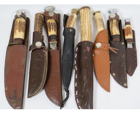 Selection of Antler Handled Hunting knives, most with leather scabbard. Some are Sheffield made.UK Mainland Postage Only.See 