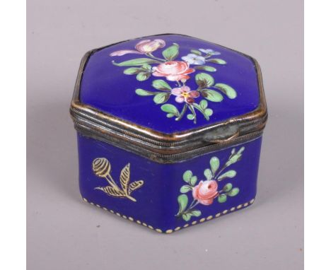 A 18th century Bristol blue enamel trinket box. With floral decoration. Possibly Bilston or Battersea.  