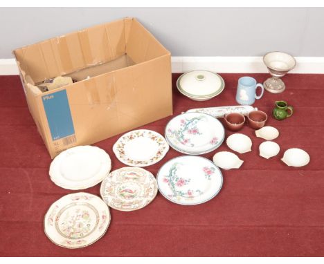 A box of assorted ceramics. To include Burslem 'Ming' bowls, Holkham jug, Wedgwood mug and Victorian glass rolling pin etc.  