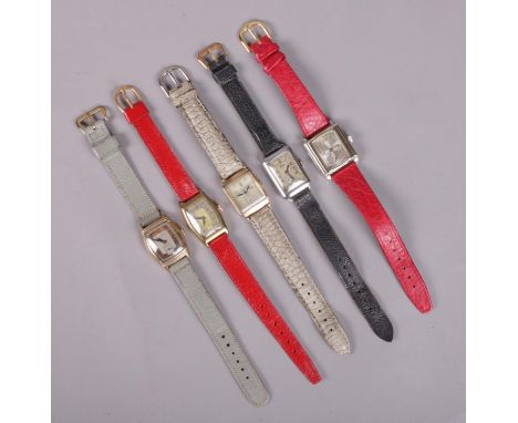 Five manual wristwatches. Includes Roxy, Gothic, Kalish, Stetson and one other.  One lacking seconds finger. The rest all run