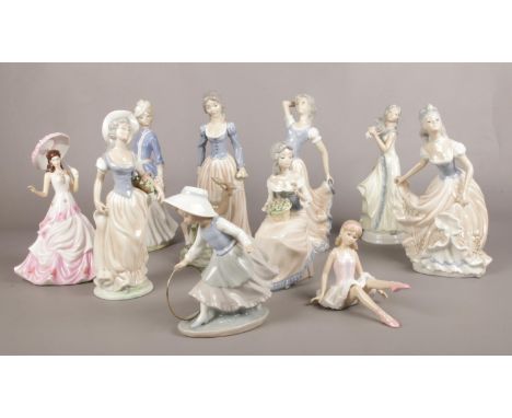 Ten Lladro style figurines by Tengra. To include a Nao figurine.  