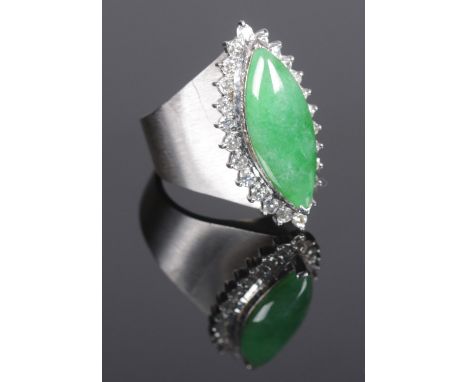 A white metal, diamond and jade coloured stone navette formed cluster ring on brushed shank. Size I 1/2. 13.72g.  