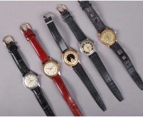 Five gents manual wristwatches. Includes Fico, Enicar, Eppo, Aro and one other.  All running.