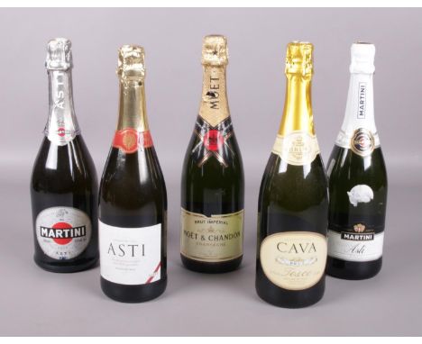 Five sealed bottles of sparkling wine and champagne. To include Moet and Martini.  