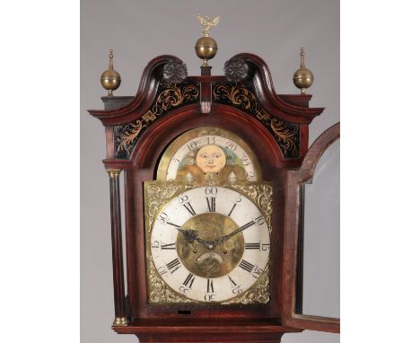 A George III oak longcase clock by William Taylor, Whitehaven. With brass dial and moon phase, painted with landscape scenes 