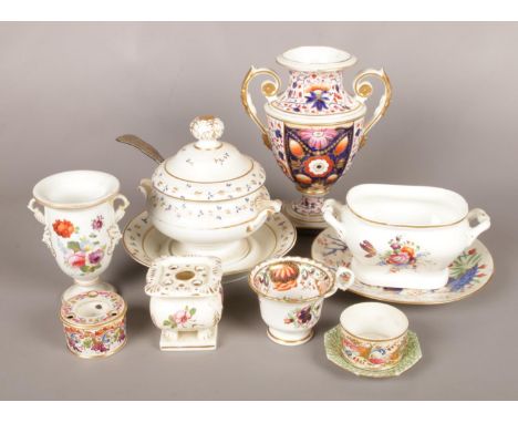 A good collection of 19th century Derby porcelain. Includes urn, vase, ink well, Bloor tureen and cover on stand etc.  