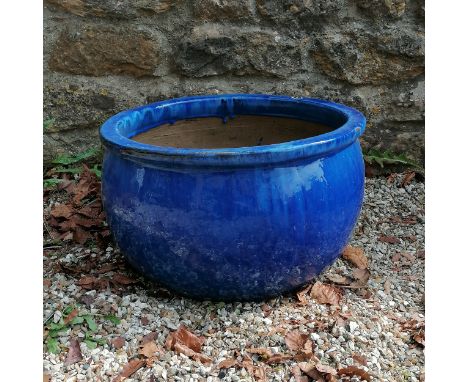 Large dark blue glazed planter 33cm high x 50cm diameter 