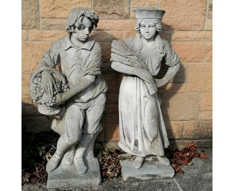 Large scale pair of figures, the male carrying a basket of grapes and the female carrying a wheatsheaf 117cm high, bases 30cm