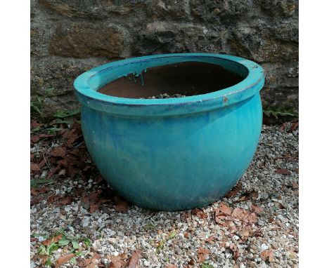 Large light blue glazed planter 35cm high x 52cm diameter 
