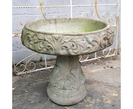 Large 2 part pedestal planter with leaf detail 75cm diameter x 70cm high- has an old crack to the top 
