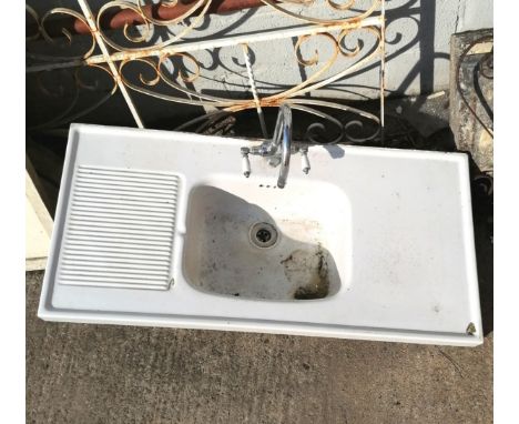 Vintage ceramic double drainer sink with taps 120cm x 59cm- in overall good used condition, some surface abrasions 