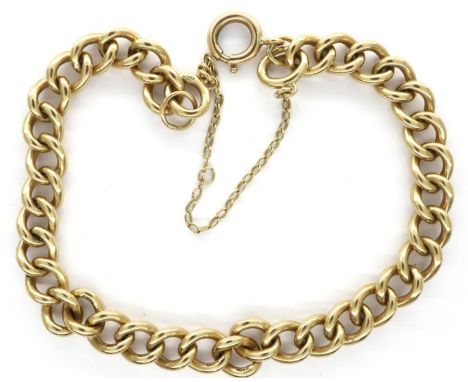 9ct gold link bracelet with safety chain, L: 21 cm, 19.4g. Clasp fully functional, no dents or visible damage, safety chain w
