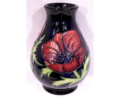 Moorcroft bulbous blue ground vase in the Pansy pattern, silver lined, H: 13 cm. No cracks, chips or visible restoration. P&a