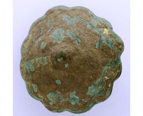 Bronze Age bronze buckler boss, ornate with gilt emboss. P&amp;P Group 0 (£5+VAT for the first lot and £1+VAT for subsequent 