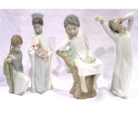 Four Lladro figurines, largest H: 22 cm. Two with repair to the heads. Woman with staff has head re attached, also staff has 