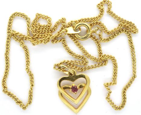 Presumed 9ct gold twin heart pendant set with a single ruby, chain L: 40 cm, 2.7g. P&amp;P Group 1 (£14+VAT for the first lot