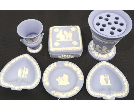 Six Wedgwood blue jasperware items, tallest H: 12 cm. No cracks, chips or visible restoration. P&amp;P Group 3 (£25+VAT for t