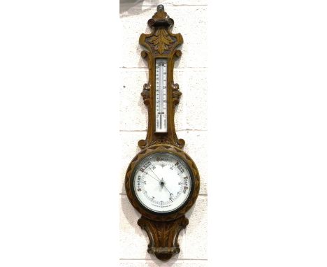 Oak banjo aneroid barometer with a mercury thermometer. Not available for in-house P&amp;P 