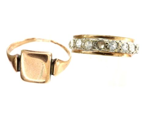 9ct gold signet ring, size O/P, and a stone set eternity ring, (one stone missing), size K, combined 4.6g. P&amp;P Group 1 (£