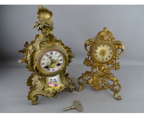 A FRENCH ROCOCO GILT METAL MANTEL CLOCK with painted porcelain dial and panel, Japy Freres bell strike movement, no. 1793, 32